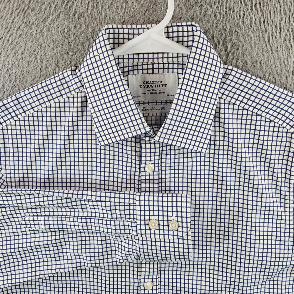 Charles Tyrwhitt Extra Slim Fit Dress Shirt 15.5/35 Blue White Grid Check Cotton